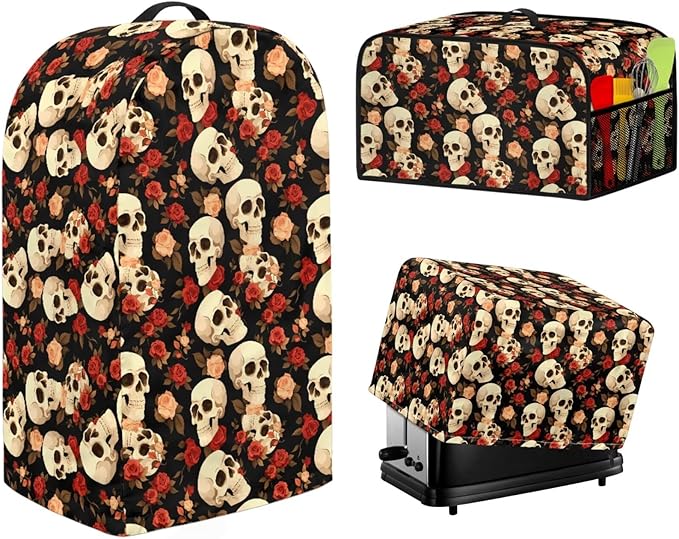 Rose Skulls Kitchen Appliance Covers 3 Pcs Set Gothic Toaster Covers 4 Slice Wide Slot & Blender Cover with Top Handle & Slow Cooker Dust Cover Halloween Decor