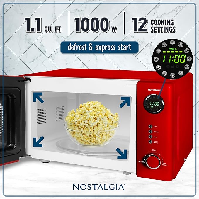 Nostalgia Retro Countertop Microwave Oven - 1.1 Cu Ft & 1000 Watt Power- Easy to Clean with Removable Glass Turntable - Child Safety Lock - 12 Programs - Digital Clock - Red