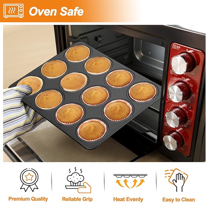 TeamFar Muffin Pan, 12 Cup Muffin Tin Cupcake Baking Pan with Stainless Steel Core & Nonstick Coating,for Making Mini Cakes Tarts, Healthy & Welded Firmly, Oven Safe & Anti-melt, Easy Release & Clean