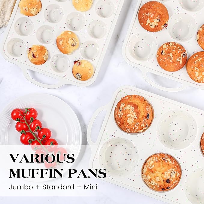 Regular 12 Cup and Mini 24 Cup Nonstick Cupcake Pan Set Silicone Muffin Pan for Baking Silicone Cupcake Mold with Metal Reinforced Frame BPA Free (2 Pcs, Cream)