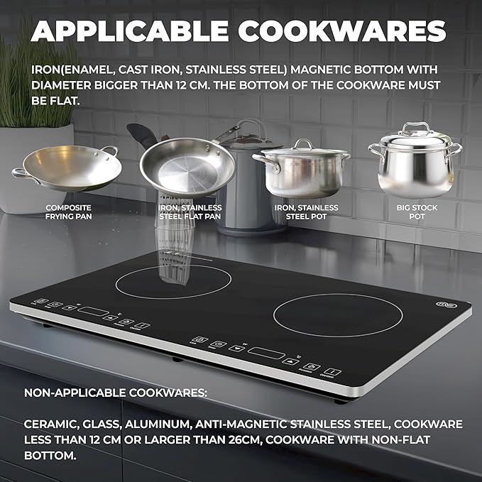 OMEO Portable Double Induction Cooktop 2 Burner Electric Cooktop, Touch Control 110V Induction Cooker with Safety Lock, Pause, Auto Shutoff Timer Setting, 9 Heating Level and Overheating Protection