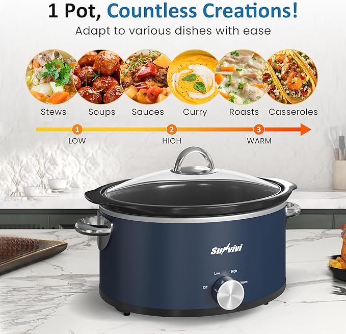 3QT Slow Cooker, Small Crock with 3 Heating Settings & Removable Ceramic Pot, Mini Food Warmer with Dishwasher Safe Glass Lid & Crock, Stainless Steel, Blue