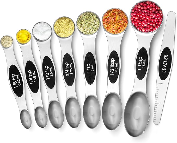Urbanstrive 8 Pcs Upgraded Magnetic Measuring Spoons Set Stainless Steel Dual Sided for Liquid Dry Food Measuring Cups Spoons Set Fits in Spice Jar Kitchen Gadgets Including Leveler, Silver