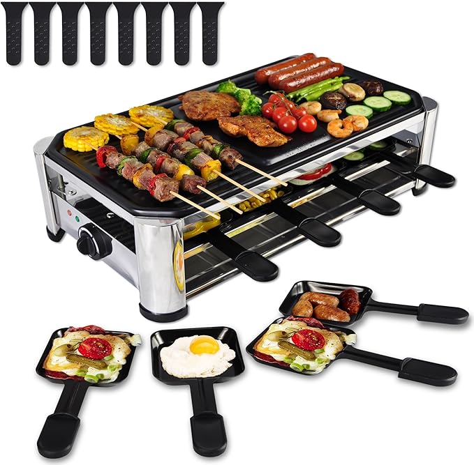 TAMARIT Raclette Cheese Table Grill Portable Electric Indoor Korean BBQ Griddle 1400 W Raclette Party Grill with Iron Nonstick Extra Large Cooking Plate for Home Party, Stainless Steel