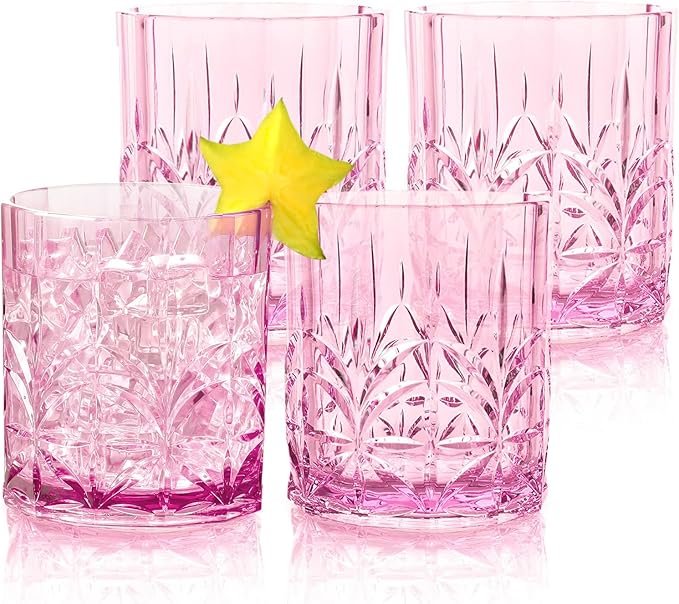 BELLAFORTE Shatterproof Tritan Plastic Short Tumbler, Set of 4, 13oz - Myrtle Beach Unbreakable Crystal Cut Old Fashioned Drinking Glasses for Whiskey - BPA Free - Dishwasher Safe - Pink