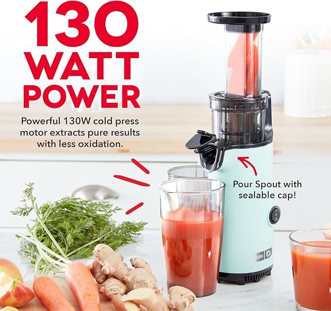 DASH Deluxe Compact Masticating Slow Juicer, Easy to Clean Cold Press Juicer with Brush, Pulp Measuring Cup, Frozen Attachment and Juice Recipe Guide - Aqua