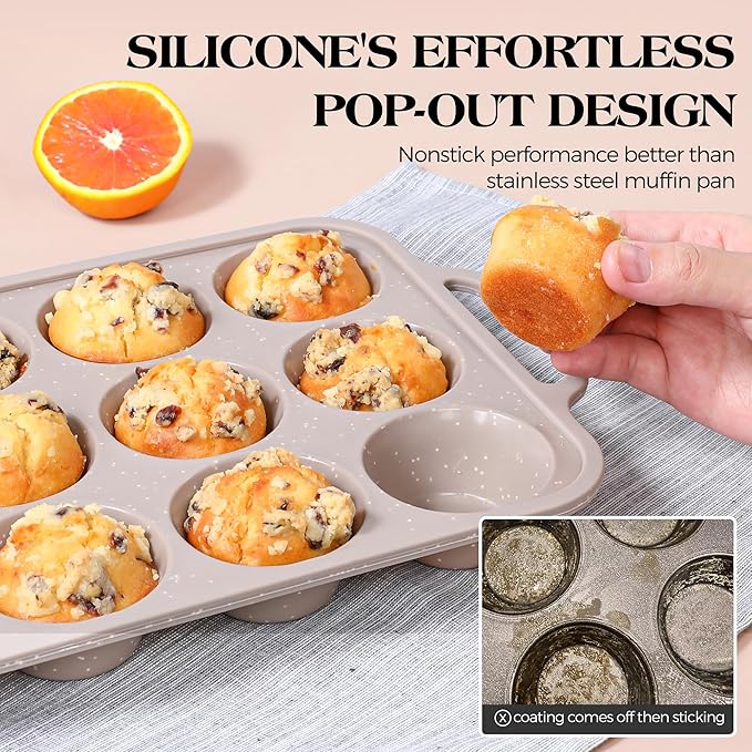 8 Pcs Baking Pans Set, Silicone Bakeware Sets with Metal Reinforced Frame, Nonstick Stackable Carbon Steel Non Toxic Baking Sets for Cooking (Brown)