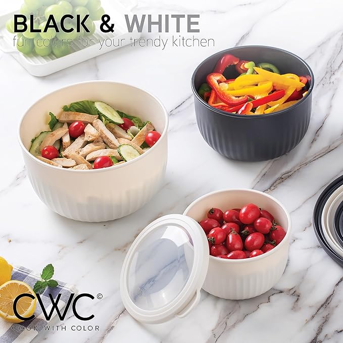 COOK WITH COLOR Prep Bowls with Lids- Wide and Deep Nesting Plastic Small Mixing Bowl Set with Lids, 12 Piece Set - Deep Bowls, Speckled Black