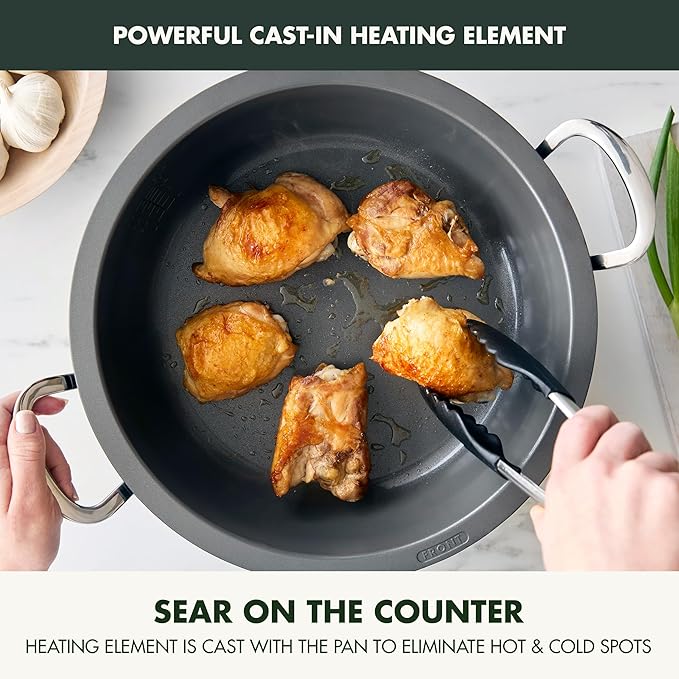GreenPan Elite Essential Smart Electric 6QT Skillet Pot,Sear Saute Stir-Fry and Cook Rice, Healthy Ceramic Nonstick and Dishwasher Safe Parts, Easy-to-use LED Display, PFAS-Free, Ponderosa Pine