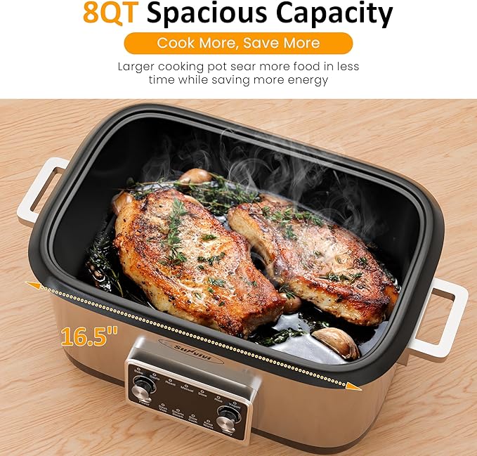 12 in 1 Programmable 8 Quart Slow Cooker, Multi-Cooker Food Warmer with Digital Timer, Temp Control, Removable Cast Aluminum Pot & Dishwasher-Safe Tempered Glass Lid, Stainless Steel