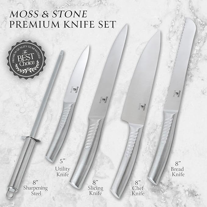 Moss & Stone Professional Kitchen Knife Chef Set, 6 Pcs Small Knife Set With Block, Premium Kitchen Knife Set Stainless Steel, Scratch Resistant & Rust Proof, Knife Block With Sharp Cooking Knives.