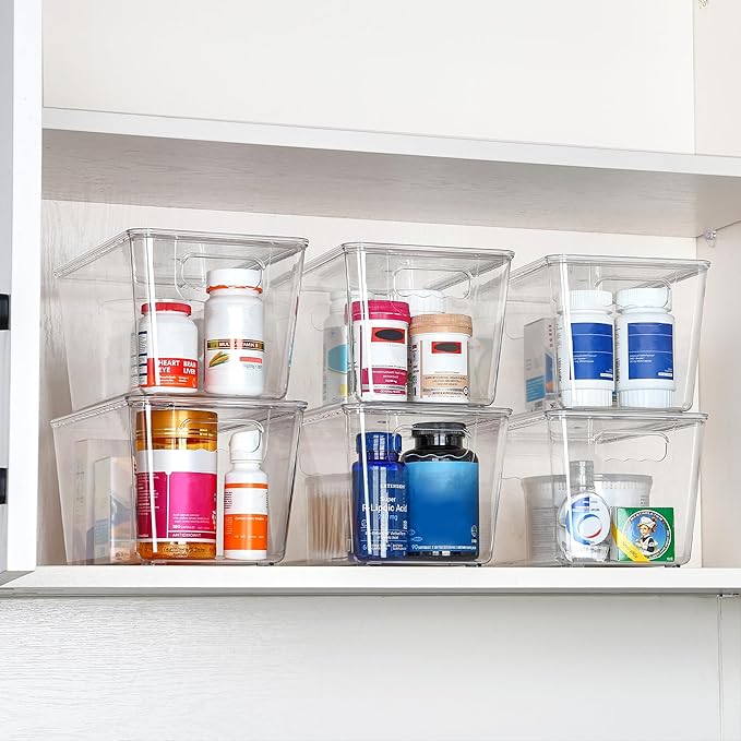 Vtopmart 12 Pack Clear Stackable Storage Bins with Lids, Medium Plastic Containers with Handle for Pantry Organizer and Storage,Perfect for Kitchen,Fridge,Cabinet, Closet,Bathroom Organization