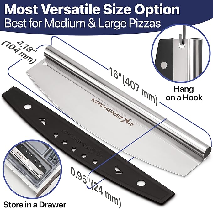 KitchenStar 16-Inch Pizza Cutter Rocker Blade - Sharp Stainless Steel Slicer Knife, Protective Cover, Dishwasher Safe, Large - Professional Pizza Oven Accessories
