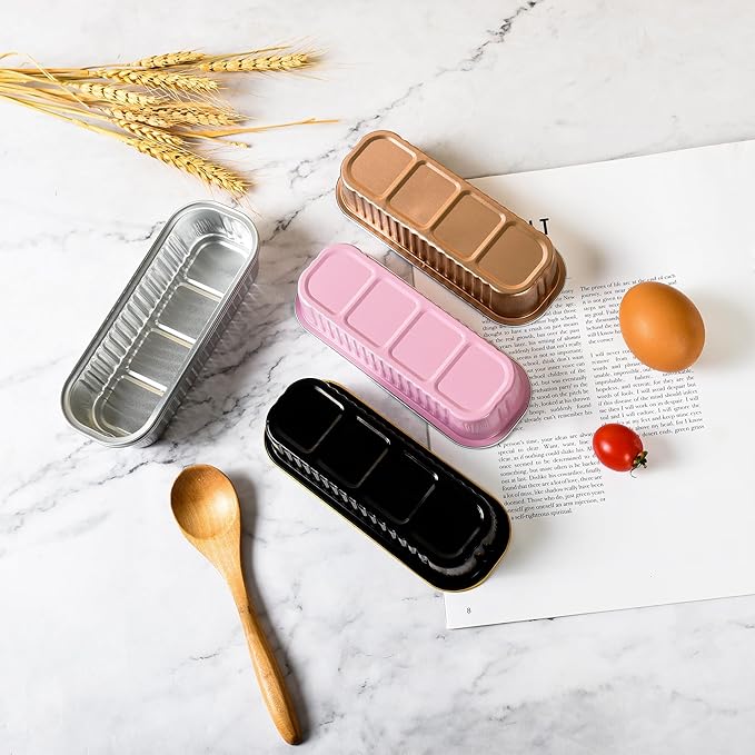 Findful Mini Loaf Baking Pans with Lids and Spoons (50 Pack, 6.8oz) Rectangle Aluminum Foil Baking Pans Tins Containers - Cupcake Containers Wrappers Cheesecake Creme Brulee Ramekins