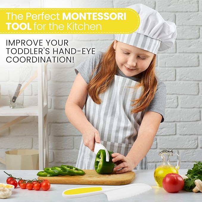 Zulay 3-Piece Kids Knife Set for Real Cooking & Baking - Toddler Knives for Cutting Fruits, Veggies, & Cake - Children’s Montessori Knife with Serrated Edges - Safe & Fun Lettuce Knife (Yellow)