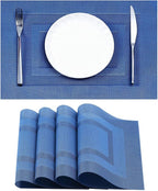 Leetaltree Blue Frame Placemats Set of 4 - Heat Resistant Non-Slip Place mats for Dining Table, Washable Durable PVC Vinyl Woven Table Mats（Blue Frame, 4）