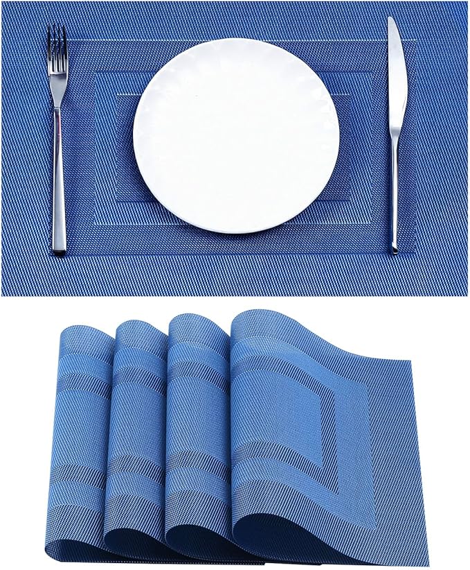 Leetaltree Blue Frame Placemats Set of 4 - Heat Resistant Non-Slip Place mats for Dining Table, Washable Durable PVC Vinyl Woven Table Mats（Blue Frame, 4）