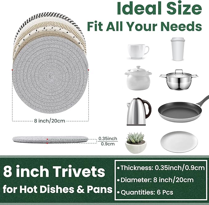 8 Inch Trivets for Hot Dishes, Hot Pots and Pans, Thick Heat Resistant Large Coaster for Kitchen, Hot Pads, Kitchen Essentials, Kitchen Decor for Table & Countertop, 6 Pcs