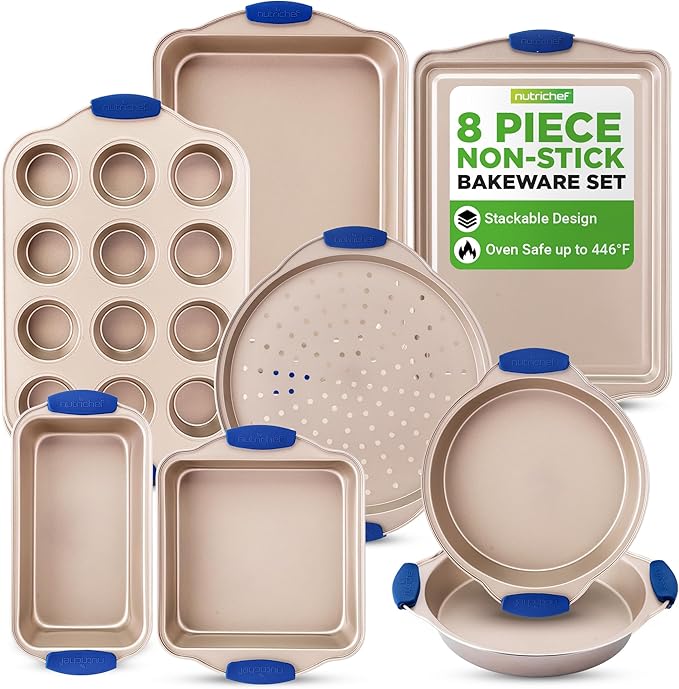 NutriChef 8-Piece Nonstick Bakeware Set - Heavy Duty Carbon Steel Baking Pans w/ Blue Silicone Handles - Pizza Crisper, Muffin & Loaf Pan, Round & Square Pans, Cookie Sheet - Champagne Gold