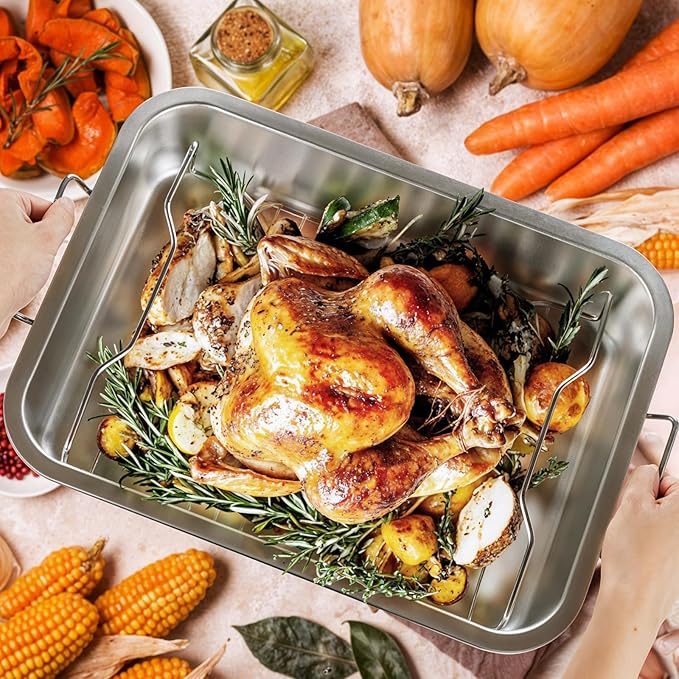 Tifanso Stainless Steel Roasting Pan - Heavy Duty Turkey Roasting Baking Broiler Oven Pan with Rack and Handle for Oven, High Sided Easy to Clean Induction Roast Tray for Chicken, Vegetable, Lasagna