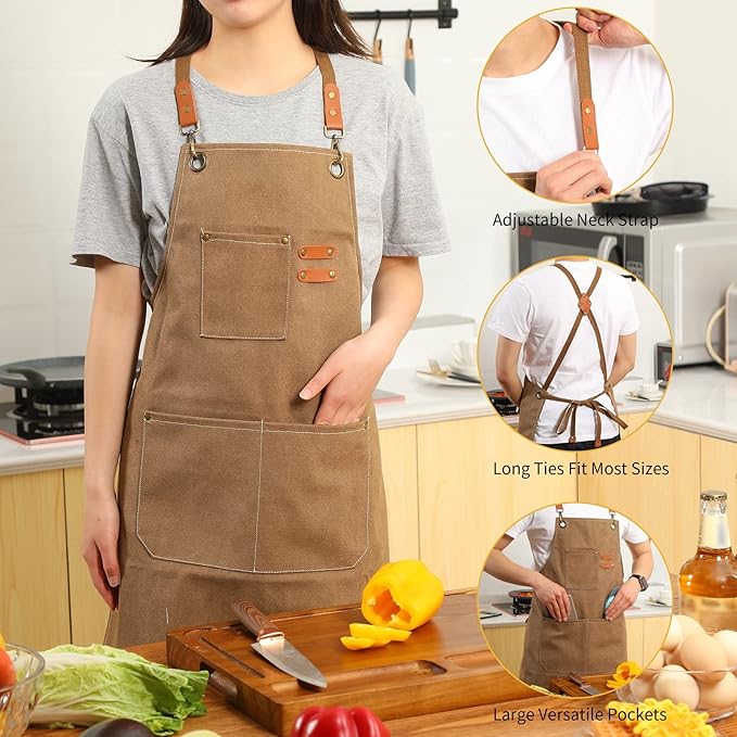 Tosewever Canvas Cross Back Chef Cotton Aprons for Men Women with Large Pockets