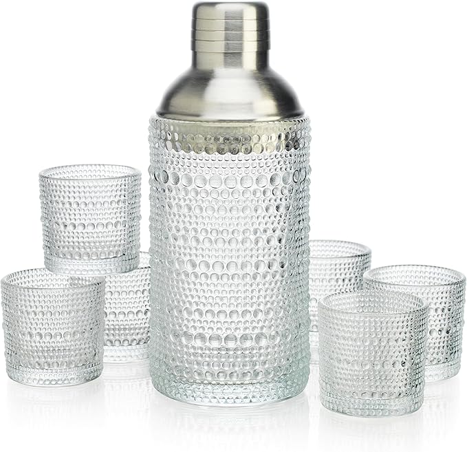 Glaver's Cocktail Shaker Set, Glass 15.2 oz Shaker, 6 Hobnail Shot Glasses, Stainless Steel Strainer Cap,Glass Shaker Set for Bars. Dishwasher Safe
