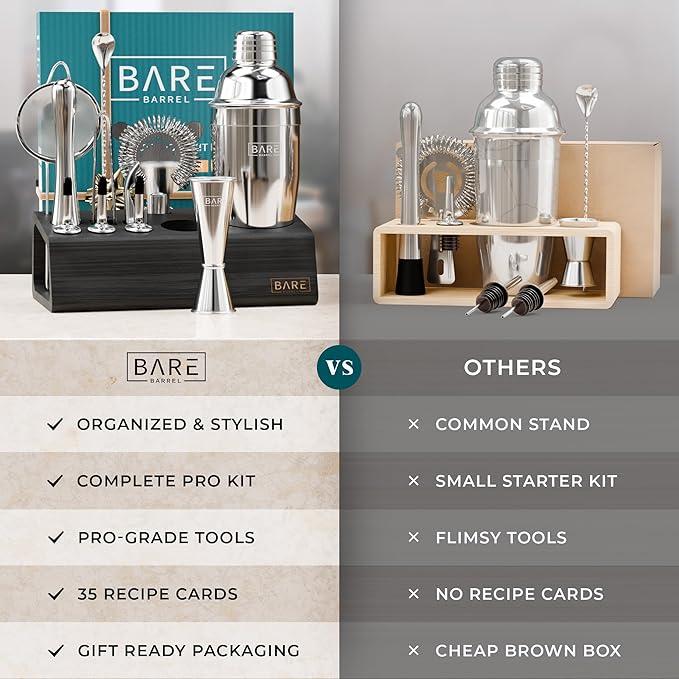 BARE BARREL® Mixology Bartender Kit Bar Set | 14-Piece Cocktail Shaker Set | Martini Barware Mixing Tools for Home Bartending | Incl. 35 Recipe Cards | Gift Set (24oz Cobbler Shaker, Silver/Black)
