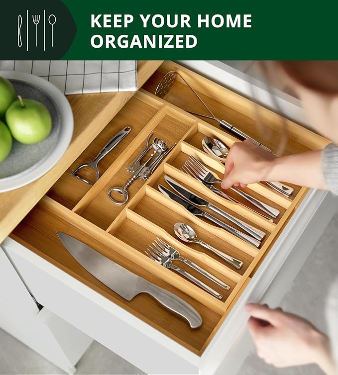 ROYAL CRAFT WOOD Luxury Bamboo Kitchen Drawer Organizer - Silverware Organizer, Utensil Holder & Cutlery Tray Drawer Dividers for Flatware (9 Slot, Natural)