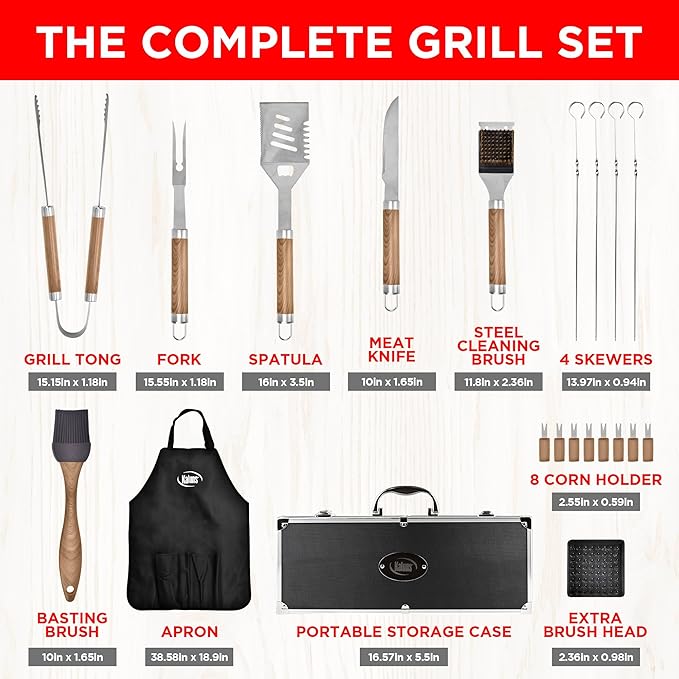 Kaluns Grilling Accessories, Dad Gifts for Fathers Day, Mothers Day Grilling Gifts, Heavy Duty Stainless Steel BBQ Tool Set for Outdoor Grill with Aluminum Case and Apron, Birthday Gifts for Men