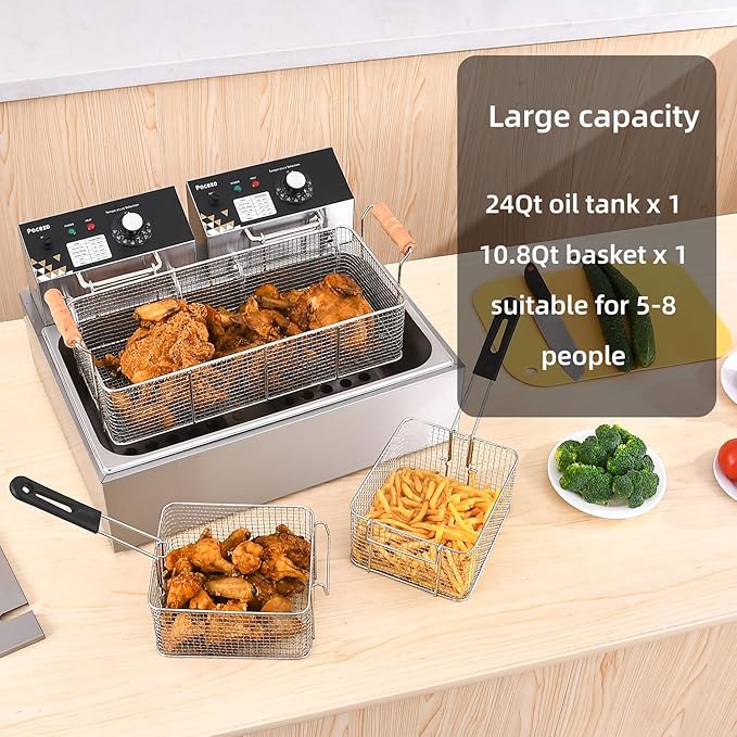 Deep Fryer with Basket, 22.6L/24QT Stainless Steel Countertop Electric Fryer for Home and Commercial Use, Oil Fryer with Temperature Control and Double Overheat Protection