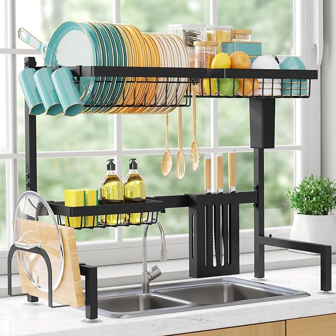 Sakugi Over The Sink Dish Drying Rack - Adjustable 2 Tier Large Capacity Stainless Steel Drainer with Cutlery & Utensil Holders, Kitchen Storage & Organization, 30"-33.9" L x 11" W x 21.5" H, Black
