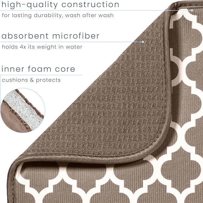S&T INC. Dish Drying Mat XL, 18” x 24”, Absorbent Microfiber Kitchen Counter Mat, Dish Drying Pad for Dishes, Utensils, Pots and Pans, Extra Large, Taupe Trellis