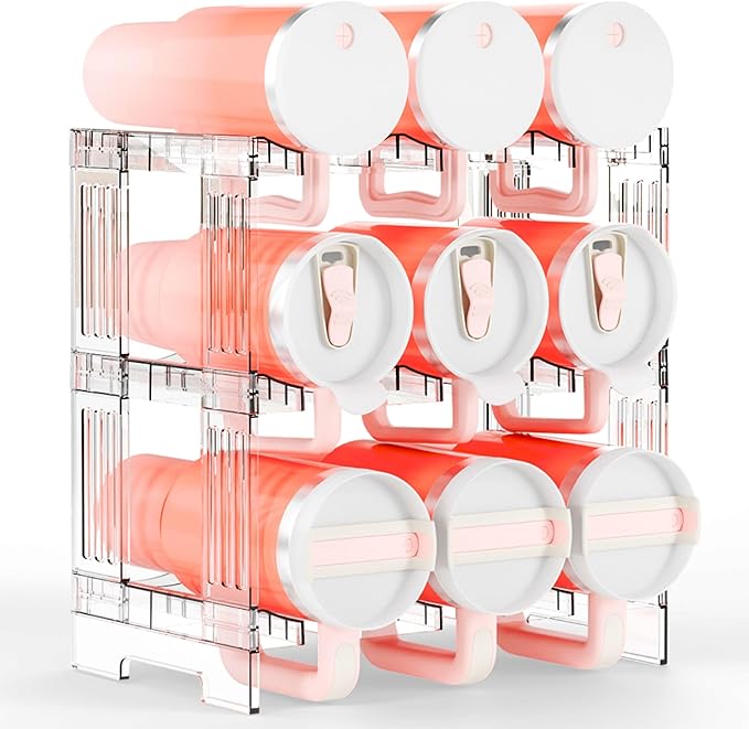 Yieach 3 Tier Stackable Water Bottle and Tumbler Organizer for Kitchen Cabinets,Large Waterbottle Holder and Cup Storage Organizer for 40 OZ Yeti,Owala or Stanley Cup Storage Rack With Handle Groove