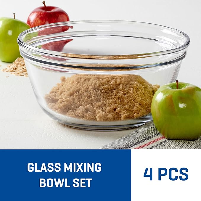 Anchor Hocking 4 Piece Glass Mixing Bowls Set – Durable, Microwave, Oven, and Dishwasher Safe – Perfect for Prep, Mixing, Serving, and Storage – Made in USA