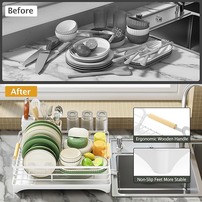 Epicano Dish Drying Rack for Kitchen Counter,Space-Saving Dish Rack,Rustproof Dish Drainer with Utensil Holder and Knife Slots for Sink,Kitchen Drying Rack with Wooden Handle and Cup Holder,White