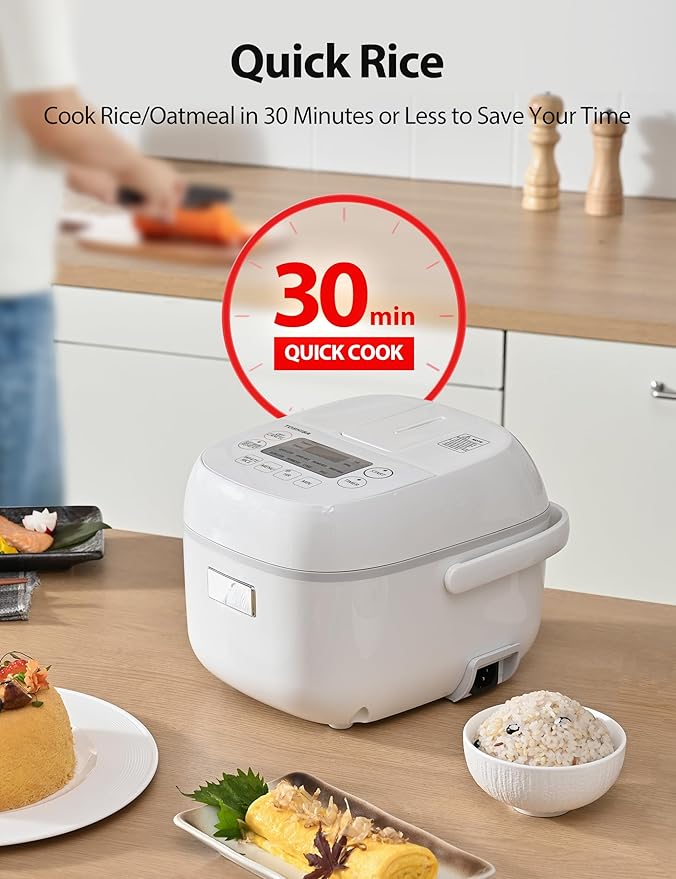 Toshiba Mini Rice Cooker, 3 Cups Uncooked Small Rice Cooker, Steamer & Warmer, With Fuzzy Logic And One-Touch Cooking, 24 Hour Delay Timer And Auto Keep Warm Feature, White