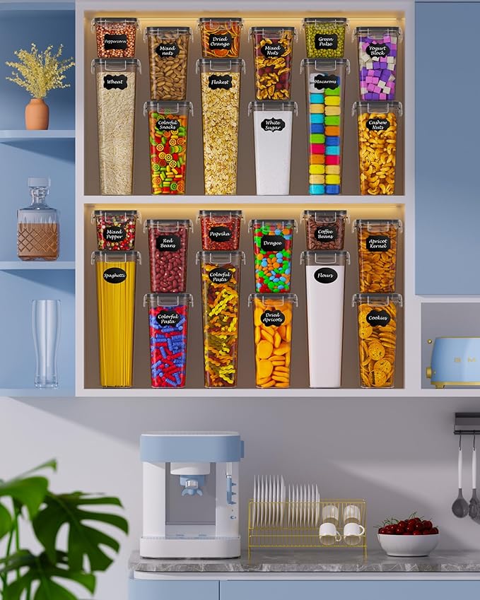 Airtight Food Storage Containers with Lids, 24 PCS Kitchen and Pantry Organization Canisters, BPA-Free, PVC-Free, Food-grade Plastic Leak-proof Jars for Cereal, Flour, Sugar, Extra 24 Labels & Marker