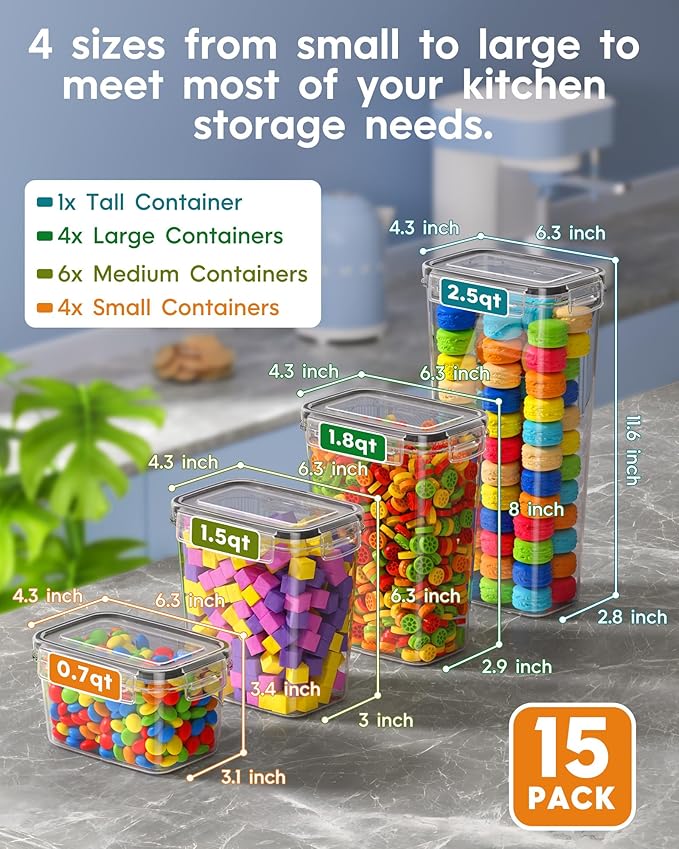 Airtight Food Storage Containers with Lids, 15 PCS Kitchen and Pantry Organization Canisters, BPA-Free, PVC-Free, Food-grade Plastic Leak-proof Jars for Cereal, Flour, Sugar, Extra 24 Labels & Marker