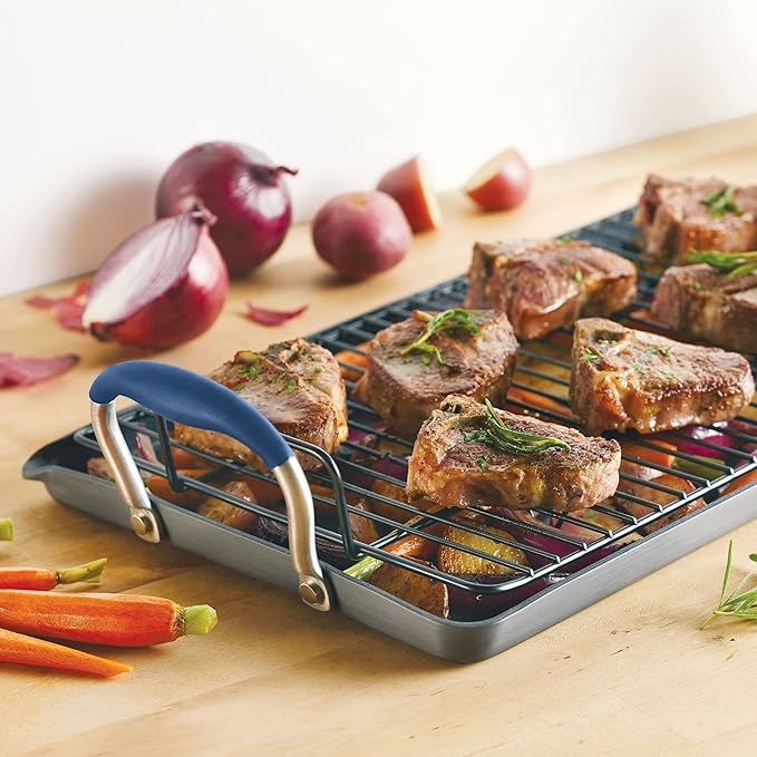 Anolon Advanced Hard Anodized Nonstick Double Burner Griddle with Multi-Purpose Rack, 10-Inch by 18-Inch, Indigo