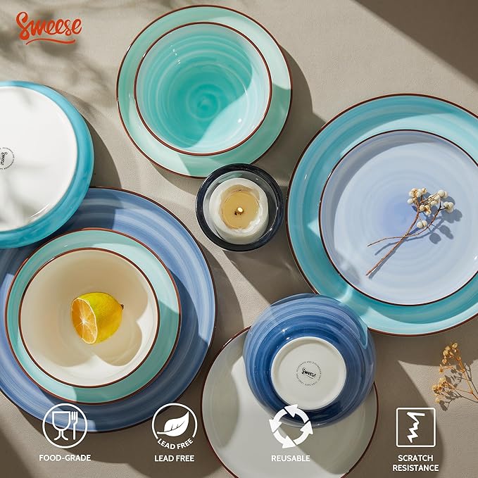 Sweese Plates and Bowls Sets, 18 Piece Dinnerware Set Porcelain Round Dinner Set for 6, Scratch Resistant Dishes Set, Dishwasher and Oven Microwave Safe Handpainted Swirl Dishware Sets, Assorted Blue