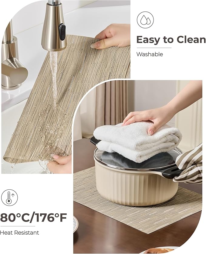 Leetaltree Light Brown Placemats Set of 8 - Heat Resistant Non-Slip Place mats for Dining Table, Washable Durable PVC Vinyl Woven Table Mats（Light Brown, 8）