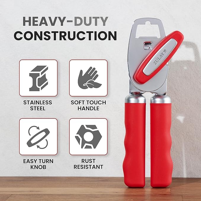 Zulay Kitchen Heavy Duty Stainless Steel Can Opener Manual with Bottle Opener - Rust Proof Manual Can Opener With Turn Knob & Comfy Soft Grip Handles - Cherry Red