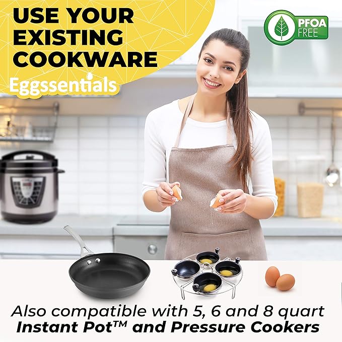 Eggssentials Egg Poacher Insert Stainless Steel Poached Egg Cooker Eggs Poaching Cup PFOA Free Egg Poachers Nonstick, 7.25" Rack Compatible with Current Cookware, Skillets & Instant Pots