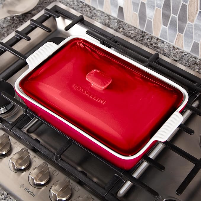ROSSALLINI Stoneware Casserole Dish Bakeware Set with Lid, Covered Rectangular Dinnerware, Large 3.2 Quart, 11 by 9 Inch [Deep Red]