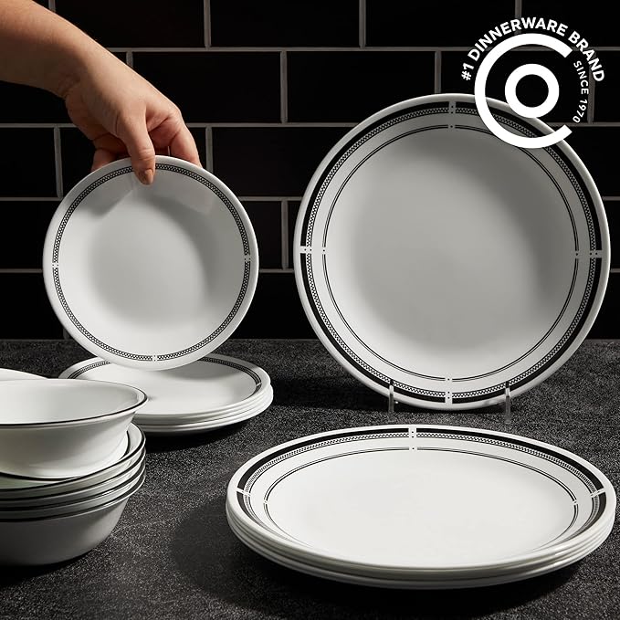 Corelle 18-Piece Round Dinnerware Set Service for 6, Lightweight Round Plates and Bowls Set, Vitrelle Triple Layer Glass, Chip and Scratch Resistant, Microwave and Dishwasher Safe, Brasserie