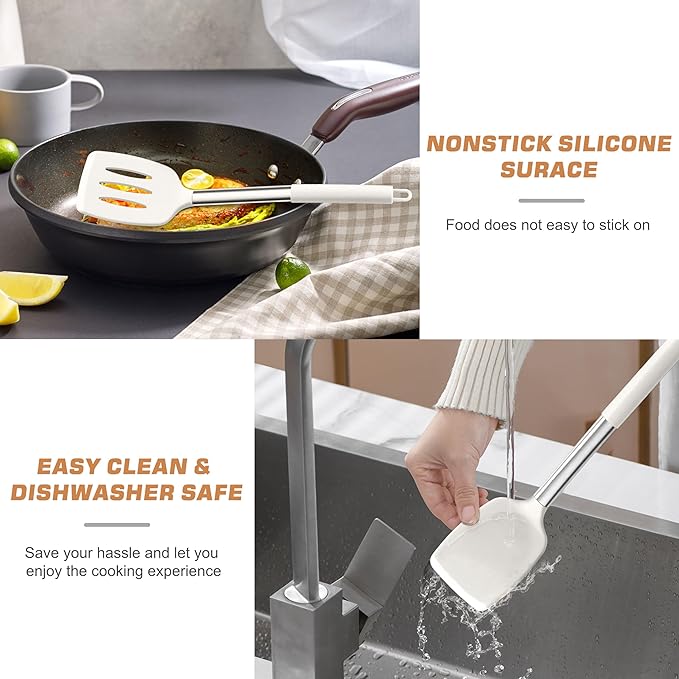 TeamFar Kitchen Utensils, 4 PCS Silicone Cooking Utensils with Stainless Steel Handle, for Nonstick Cookware Frying/Flipping/Draining, Non-toxic & Heat-proof, Non-scratch & Dishwasher Safe