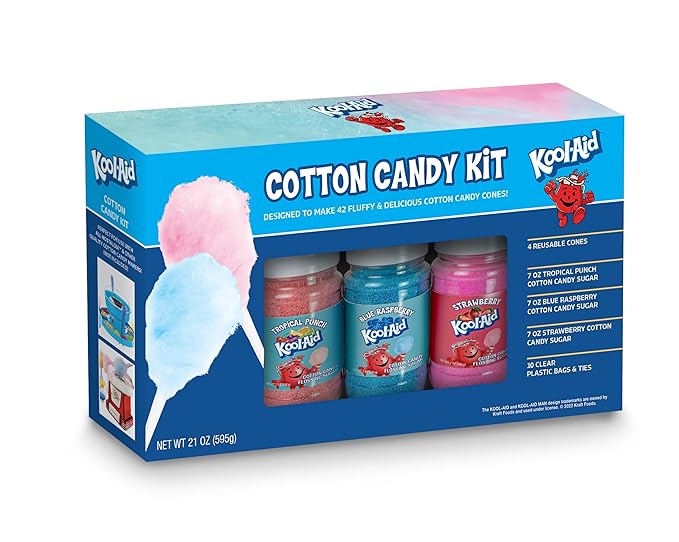 Nostalgia Kool-Aid Cotton Candy Flossing Sugar Party Kit 3-Pack, Blue Raspberry, Strawberry, Tropical Punch, 3-7 oz bottles - 21 total ounces - Bottles of Cotton Candy Sugar Mix