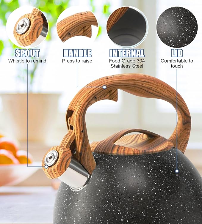 Whistling Tea Kettle Stovetop, Tea Pots for Stove Top Food Grade Stainless Steel with Wood Pattern Handle, 3.2Quart (Black)