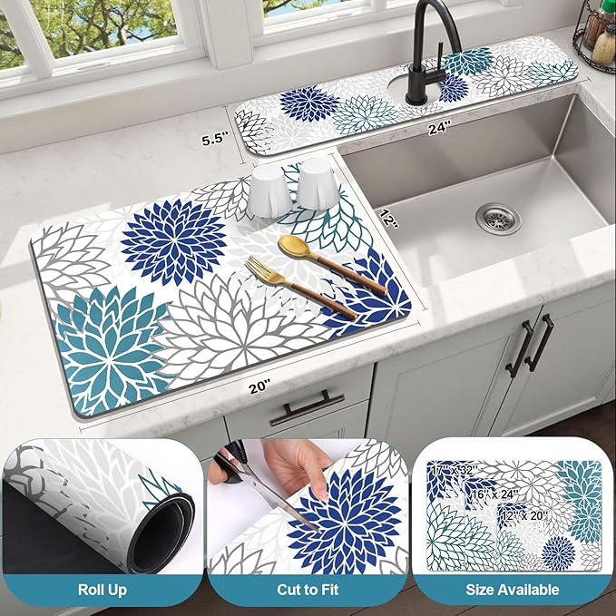 Findosom 2PCS 12" x 20" Dish Drying Mat & 24" x 5.5" Sink Splash Guard, Super Absorbent & Cuttable Dish Mat Drying Kitchen Mat with Blue Floral, Hide Stain Drying Mat for Kitchen Counter