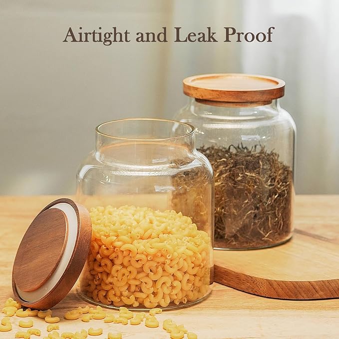 Labina Glass Storage Container Airtight Food Jars Kitchen Canister with Wood Lids, 60 Oz Wide Mouth Pantry Organization Glass Jar for Flour, Sugar, Cookie, Spagetti, Nuts and Candy